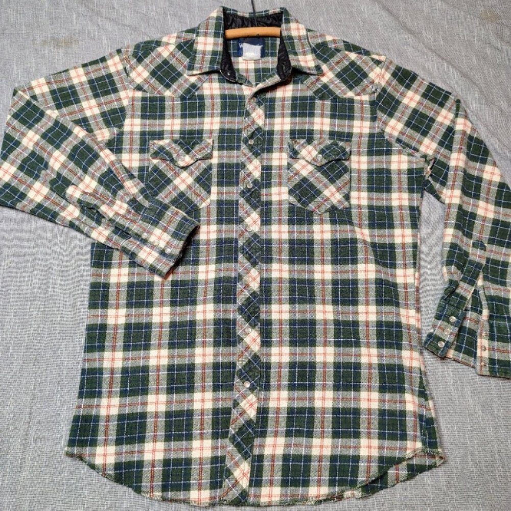 VINTAGE Wrangler Flannel Shirt Mens Plaid Long Sleeve‎ Pearl Snap Western Cowboy
